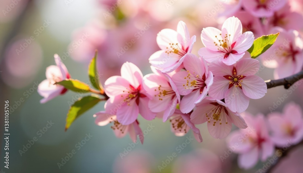 Obraz premium Pink cherry blossom branches with delicate white flowers and green leaves, flora, tree, spring