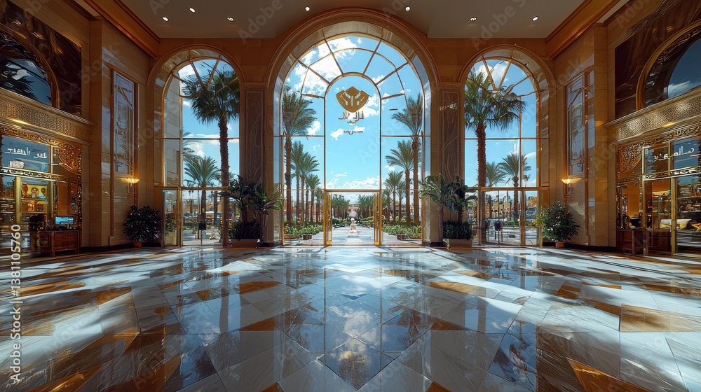 Fototapeta premium Luxurious Hotel Lobby with Stunning Outdoor View