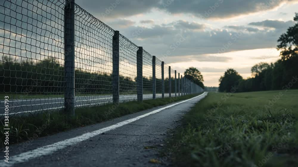 Empty road next to mesh fence in the area, wide angle.