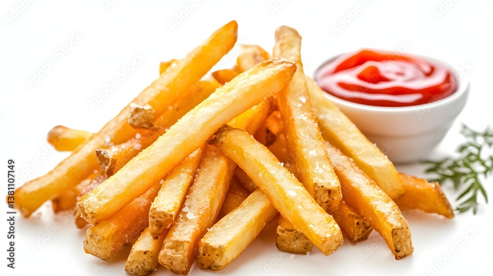 Crispy French Fries Served With A Bowl Of Ketchup On A White Background Crispy French Fries Served With A Bowl Of Ketchup On A White Background