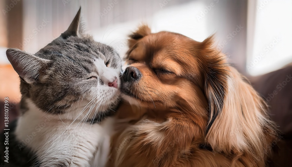 Hyper realistic depiction of a cat and dog sharing a loving embrace in a cozy indoor setting