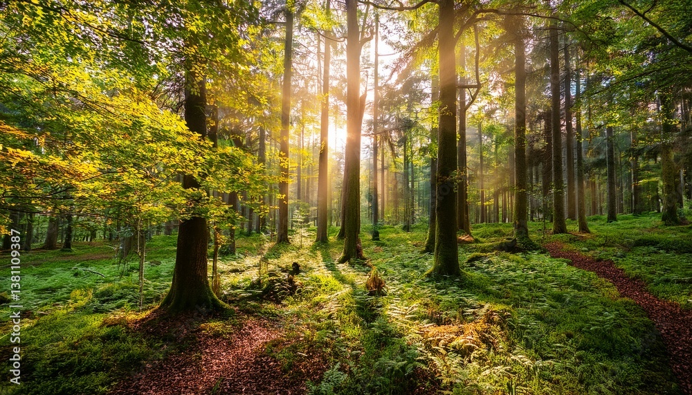Fototapeta premium serene forest scene with vibrant foliage and sunlight filtering through the trees