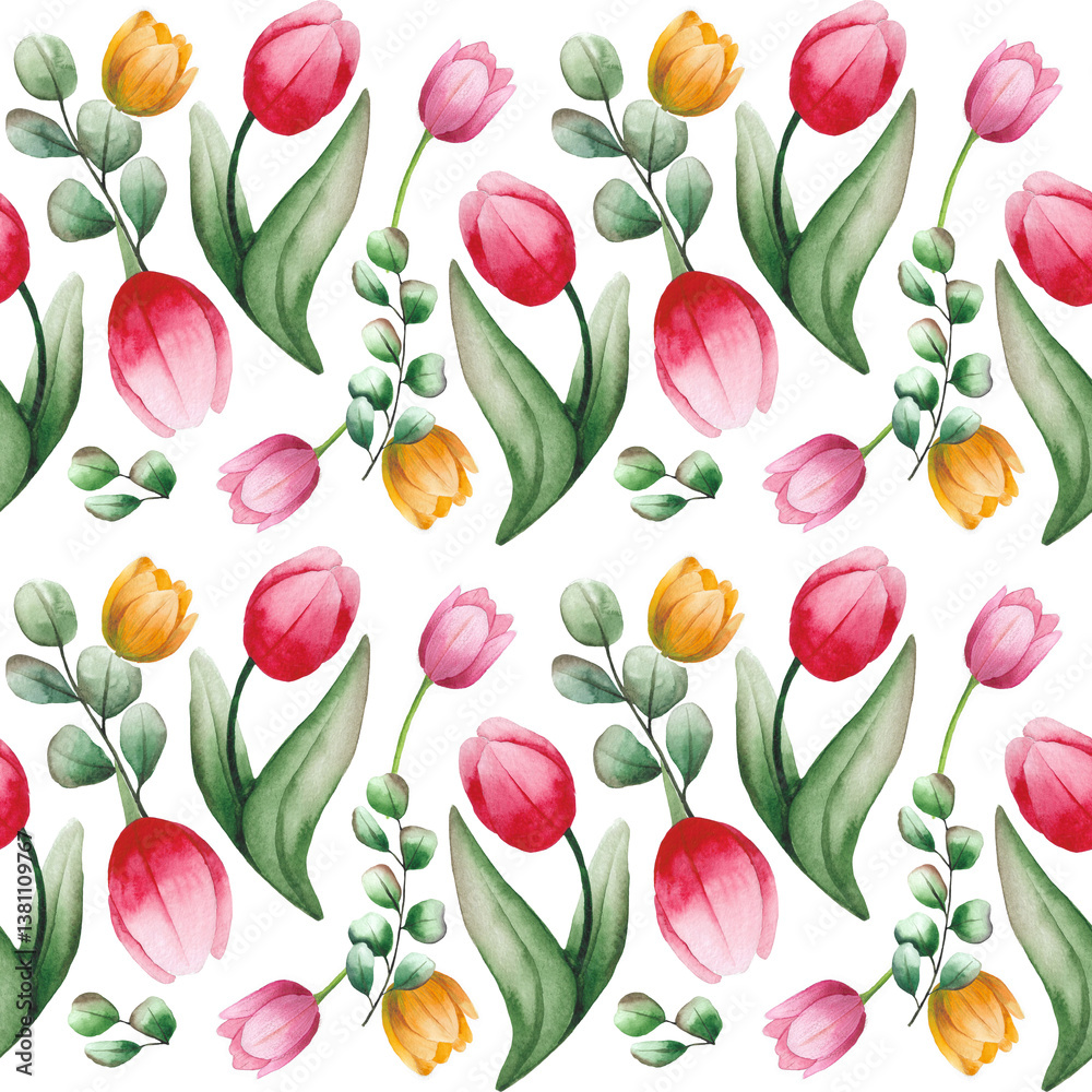 Obraz premium Red tulips watercolor hand painting on white background seamless pattern for fabrics, paper. Spring flowers. Card for Mothers day, 8 March, wedding.