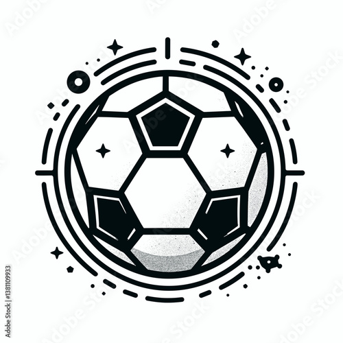 Stylized black and white soccer ball illustration surrounded by playful cosmic elements on a white background