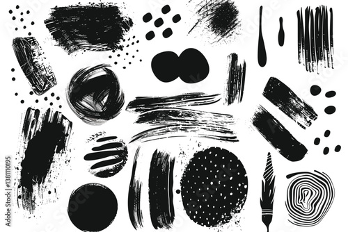 A set hatched grunge spots and blots. Spots and blots are drawn with a pencil, brush, crayons and sprayed from a spray can.