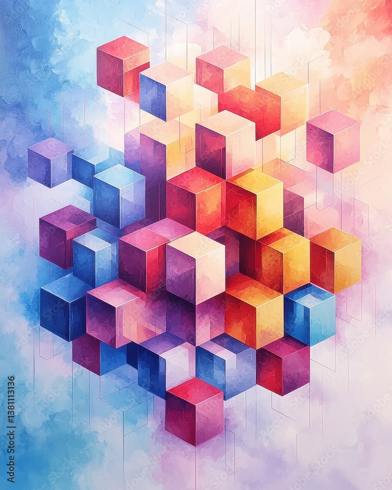 Naklejka premium Surreal Geometric Art with Colorful Cubes Interplaying in a Dreamlike Space