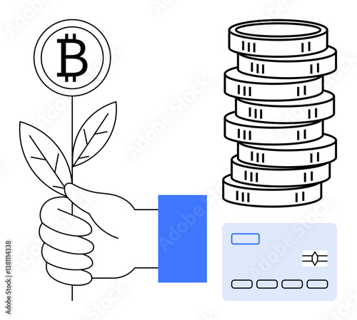 Hand nurturing Bitcoin on a growing plant, stack of coins, and credit card symbolizing crypto investment, fintech, digital economy. Ideal for finance, trading, banking, saving modern economy