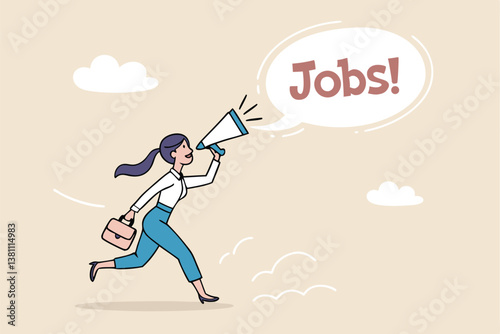 Job advertising or vacancy announcement, human resources recruitment, job communicate or hiring opportunity, career development seeker or employment concept, businesswoman announce jobs on megaphone