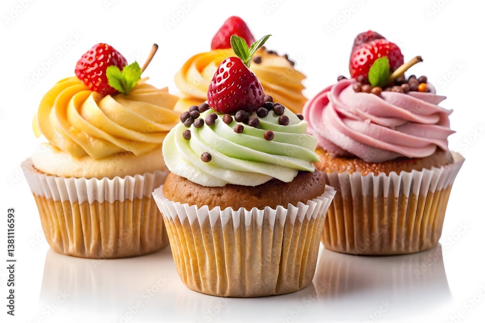 Delicious cupcakes with cream and chocolate on a white background, decorated with frosting and sprinkles, perfect for a celebration or party Delicious cupcakes with cream and chocolate on a white background, decorated with frosting and sprinkles, perfect for a celebration or party