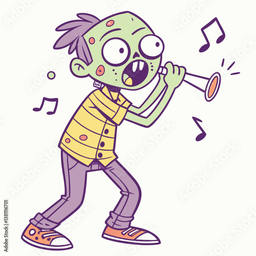 A funny cartoon zombie and clown with a cartoon illustration of a man dancing, featuring a child running in a playful and fun scene with a teen character.