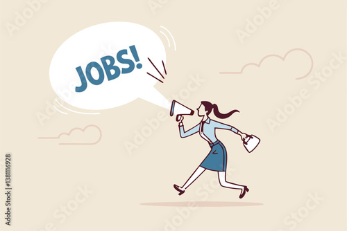Job advertising or vacancy announcement, human resources recruitment, job communicate or hiring opportunity, career development seeker or employment concept, businesswoman announce jobs on megaphone