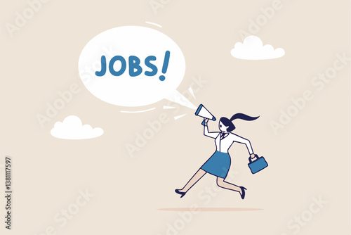 Job advertising or vacancy announcement, human resources recruitment, job communicate or hiring opportunity, career development seeker or employment concept, businesswoman announce jobs on megaphone