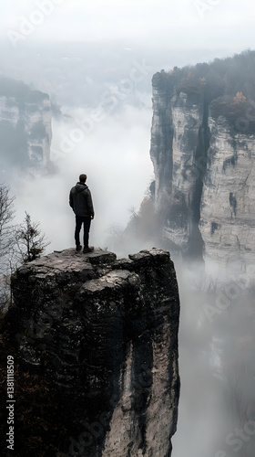 Man Standing on Cliff Over Foggy Mountain Valley photo