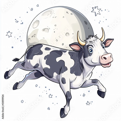 Joyful cow leaps over the moon enchanted night sky cartoon illustration whimsical atmosphere playful perspective