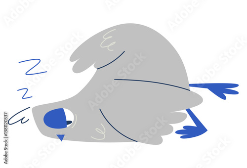Funny grey pigeon sleeping on the ground with eyes closed. Cartoon vector bird character in relaxed position. Perfect for stickers, prints, and humorous designs