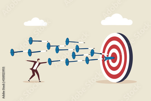 Marketing target strategy, leadership or skill to reach target or achievement, aiming for perfection winning, challenge or accuracy concept, businessman control dart to reach perfect target bullseye.