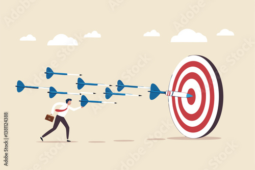 Marketing target strategy, leadership or skill to reach target or achievement, aiming for perfection winning, challenge or accuracy concept, businessman control dart to reach perfect target bullseye.