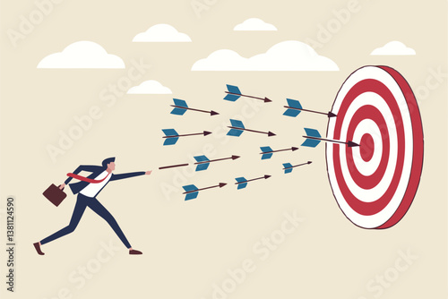Marketing target strategy, leadership or skill to reach target or achievement, aiming for perfection winning, challenge or accuracy concept, businessman control dart to reach perfect target bullseye.