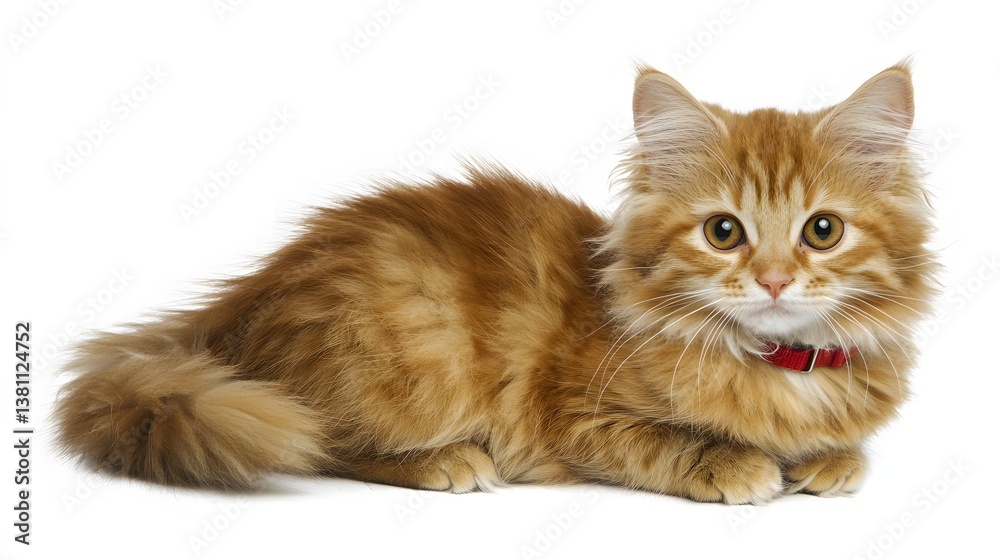Obraz premium Fluffy Orange Tabby Cat Relaxing with Playful Expression and Soft Fur on White Background