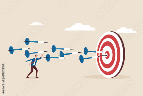 Marketing target strategy, leadership or skill to reach target or achievement, aiming for perfection winning, challenge or accuracy concept, businessman control dart to reach perfect target bullseye.