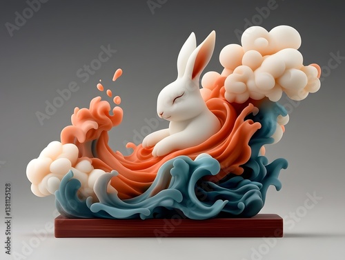 Ethereal rabbit figurine in a dreamlike landscape