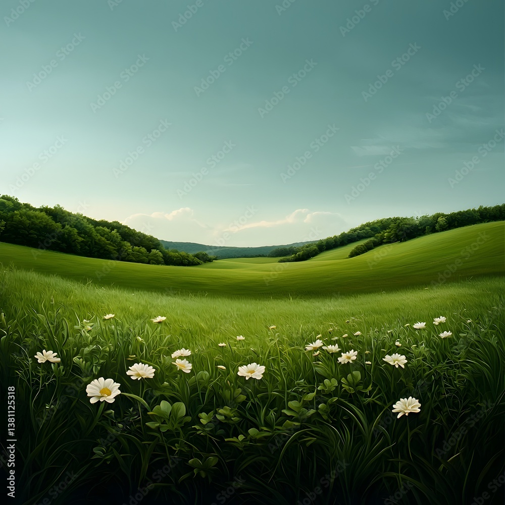 Obraz premium Expansive pastoral landscape with lush green meadow