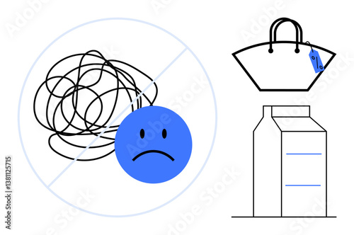 Crossed-out scribbling with sad face, shopping bag, and milk carton. Ideal for emotional health, organization, shopping, mental clarity, stress management decluttering consumer awareness. Abstract