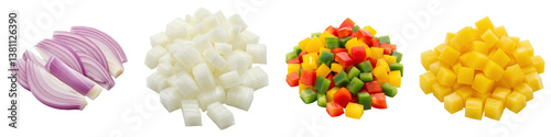 Sliced red onion, diced white onion and diced bell peppers.