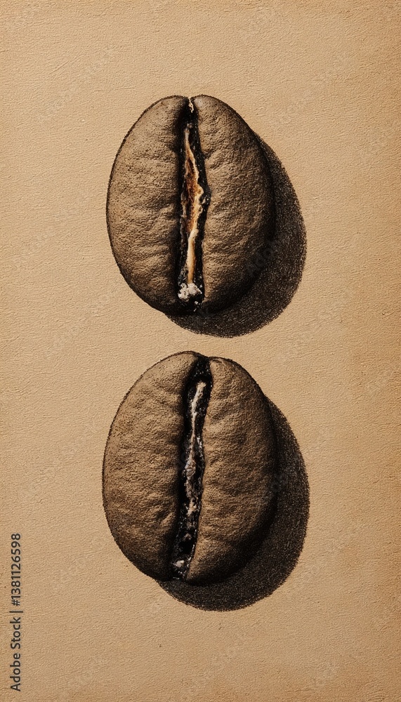 Naklejka premium Artistic depiction of two coffee beans with detailed texture on a neutral background