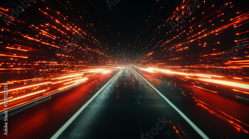 Streaks of light create a dynamic illusion of speed on a dark roadway at night Generative AI
