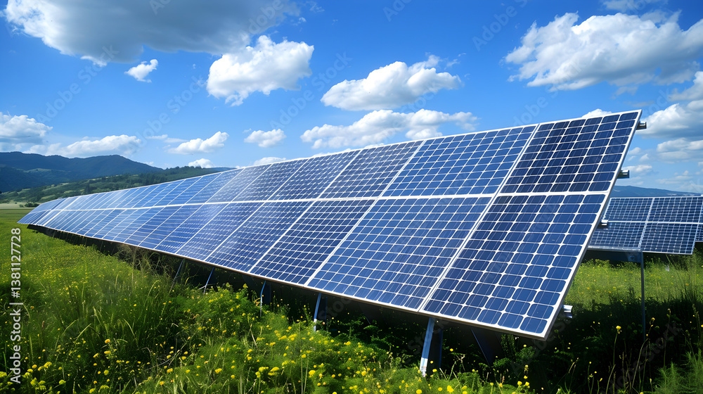 Solar power station in an open field under a clear sky, clean energy solution with rows of solar panels generating electricity from sunlight