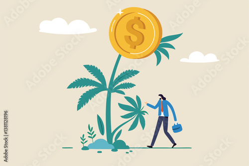 Cannabis business, ganja, marijuanas for medical and therapy to make money, legal CBD medicine, alternative cannabis oil concept, businessman watering cannabis plant with dollar money earning.