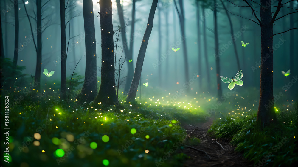 Obraz premium Misty morning sunlight filters through green forest foliage
