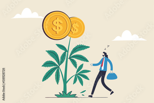 Cannabis business, ganja, marijuanas for medical and therapy to make money, legal CBD medicine, alternative cannabis oil concept, businessman watering cannabis plant with dollar money earning.