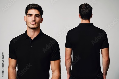 Blank black polo tshirt mockup front and back view Male model wearing a black color Henley tshirt on a White background front view and back view top section cropped .