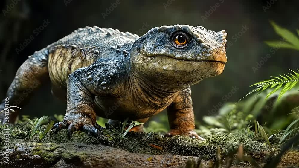 Close-up of a fantastical creature, resembling a reptilian amphibian. Its textured skin shows a blend of blues and browns, and it gazes directly at the camera. Close-up of a fantastical creature, resembling a reptilian amphibian. Its textured skin shows a blend of blues and browns, and it gazes directly at the camera.