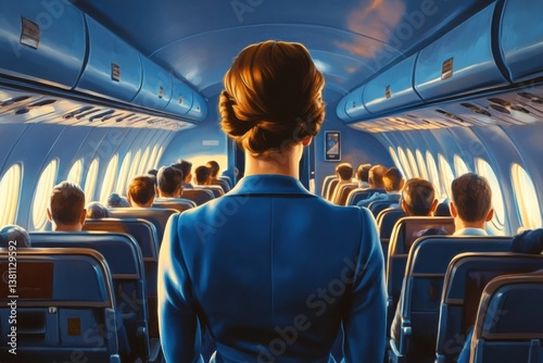 Vintage air travel scene with female flight attendant in blue uniform