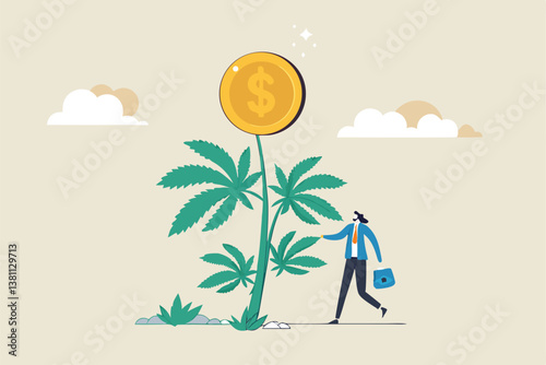 Cannabis business, ganja, marijuanas for medical and therapy to make money, legal CBD medicine, alternative cannabis oil concept, businessman watering cannabis plant with dollar money earning.