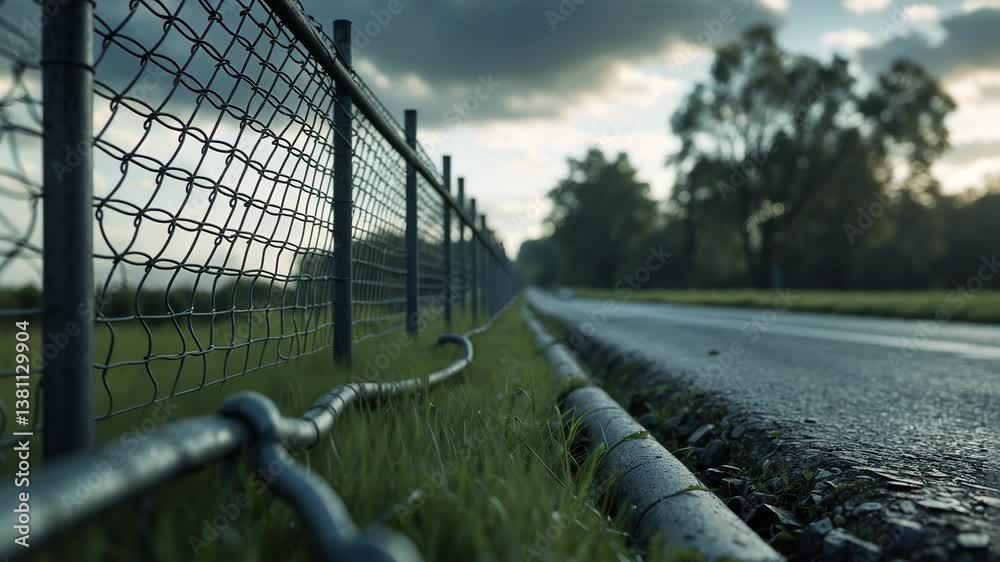 Empty road next to mesh fence in the vicinity, wide angle.