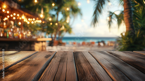 Tropical beach bar blurred scene with an empty wooden texture table in the foreground creating a warm and inviting summer atmosphere creating a perfect display space with a coastal backdrop.