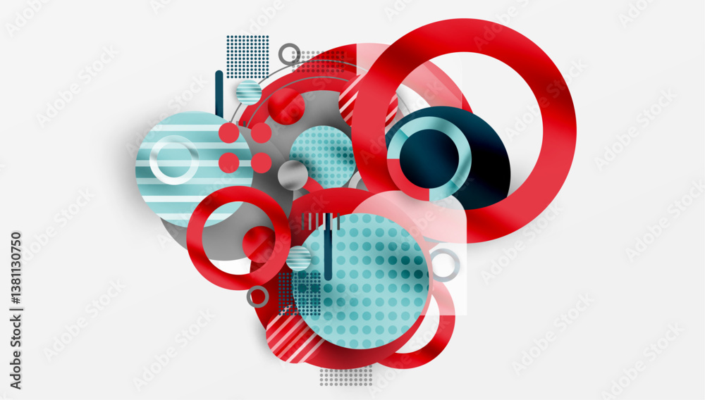 Fototapeta premium Abstract geometric composition. Circles, lines, dots create dynamic visual arrangement. Red, blue, gray tones dominate. Modern design element.