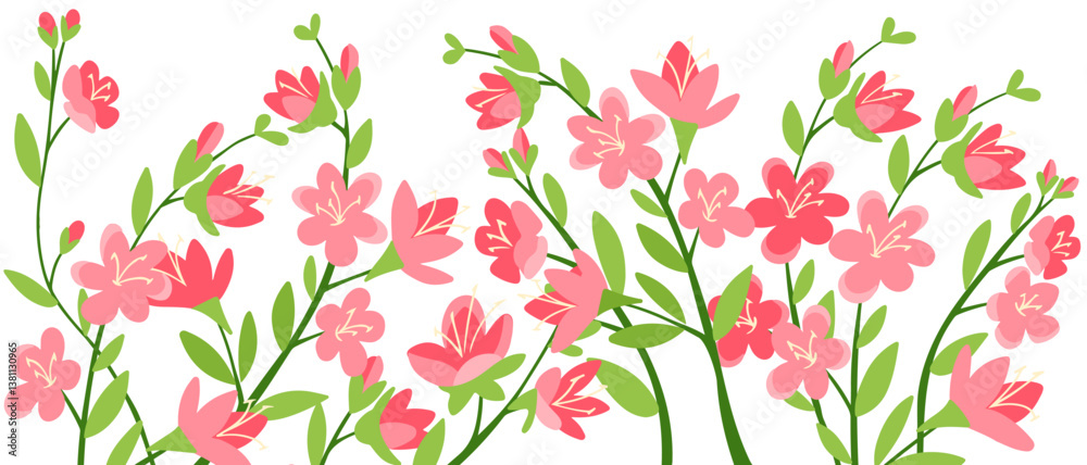 Obraz premium Hand drawn vector banner with pink cherry blossom flowers and green leaves on white background. Spring and nature concept representing renewal, beauty and seasonal growth