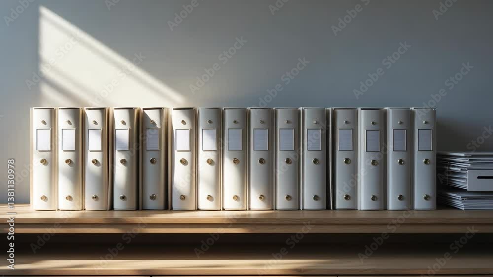 File folder on the sideboard in a contemporary bright office, archives and documents.