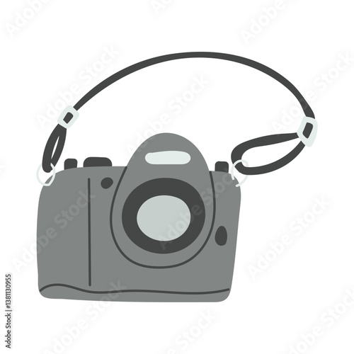 Hand drawn vector illustration of a camera with a shoulder strap, isolated on white background. Travel and photography concept representing exploration and capturing memories