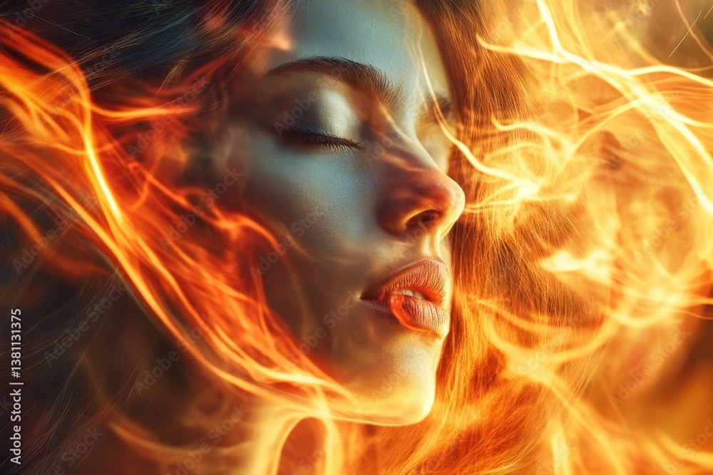 A woman with closed eyes is enveloped in vibrant flames, portraying deep emotions and beauty A woman with closed eyes is enveloped in vibrant flames, portraying deep emotions and beauty