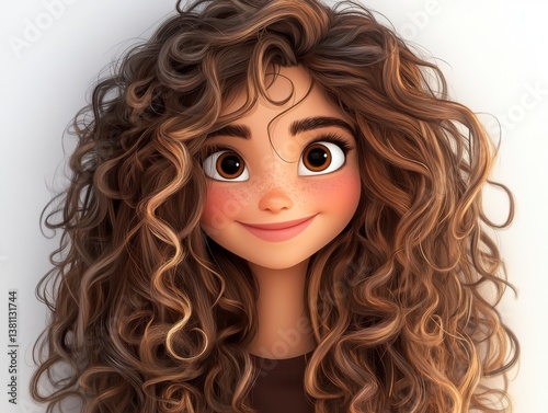 Cheerful Cartoon Girl with Brown Curly Hair and Rosy Cheeks