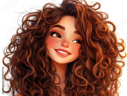 Digital Portrait of a Cheerful Young Woman with Auburn Curly Hair