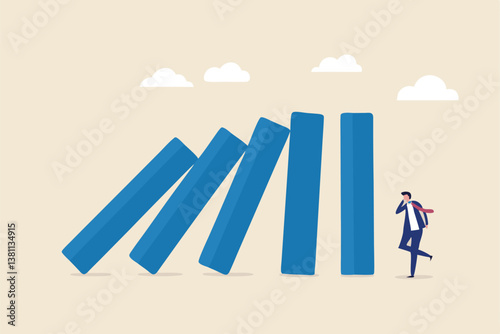 Risk management, uncertainty or unknown threat causing business failure, economic crisis, danger or problem, security and safety concept, courage businessman thinking look at collapsing domino effect.