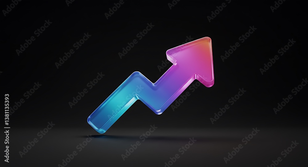 Growth arrow icon with colorful gradient 3d rendering shape with glass effect with black background
