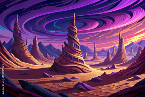 mysterious landscape of desert where massive rock spires spiral into the sky, game wallpaper